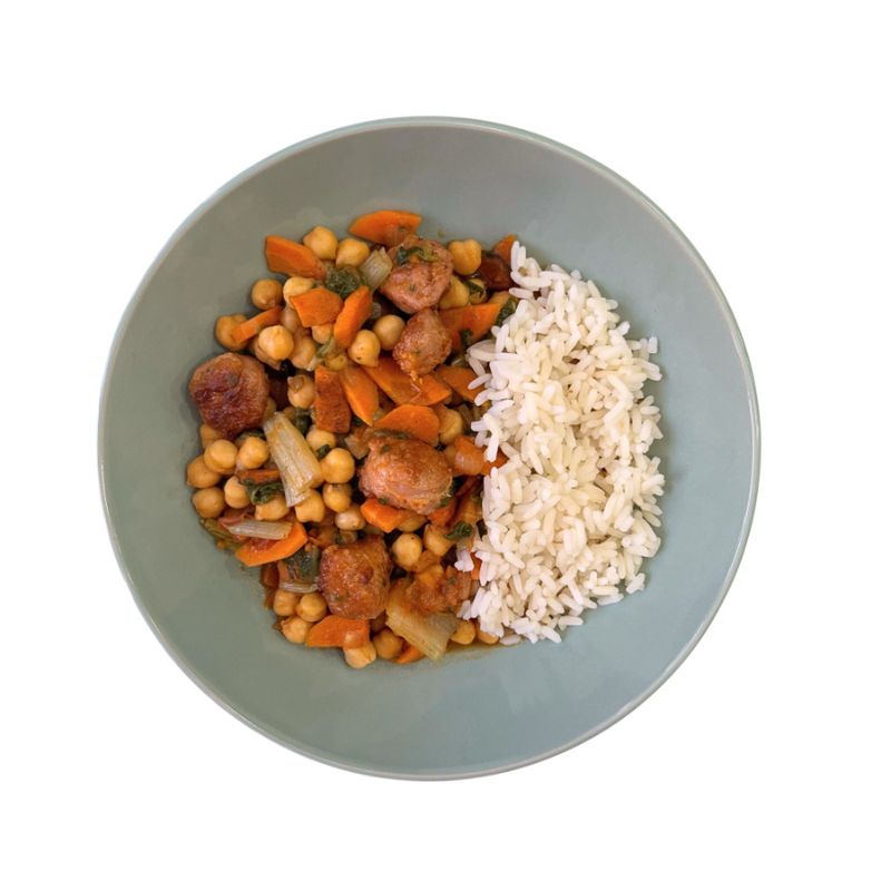 Guiso de garbanzos con butifarra y patata (sin arroz)