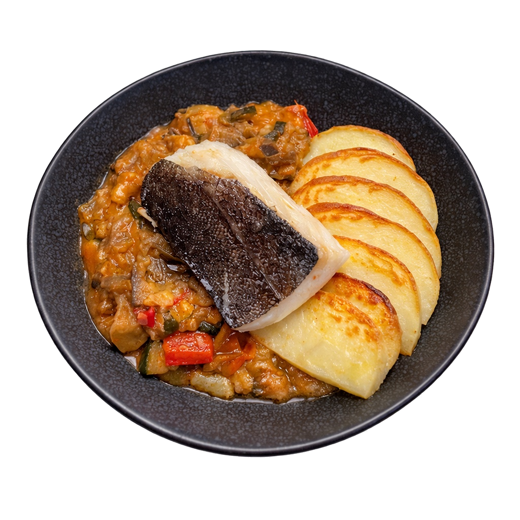 Merluza con samfaina de coco y patatas