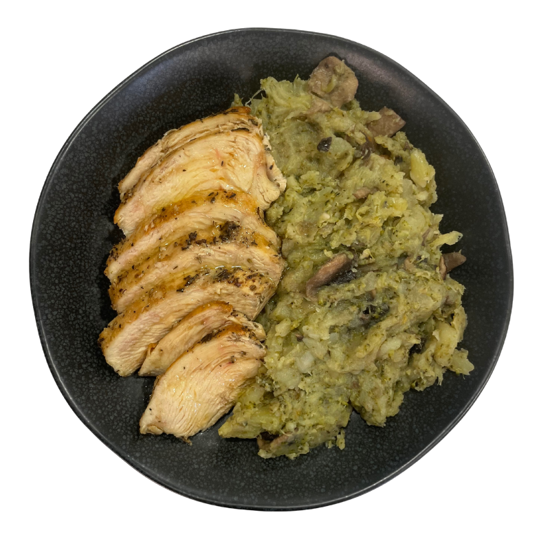 Pollo a la provenzal con trinchat de brocoli y setas