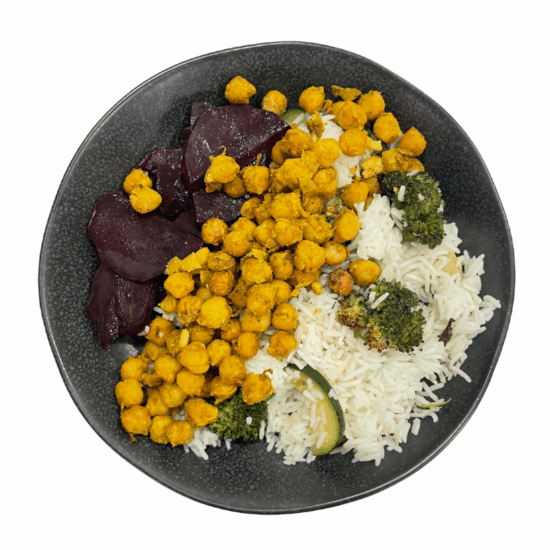 Garbanzos al horno y especiados con verduras y arroz basmati