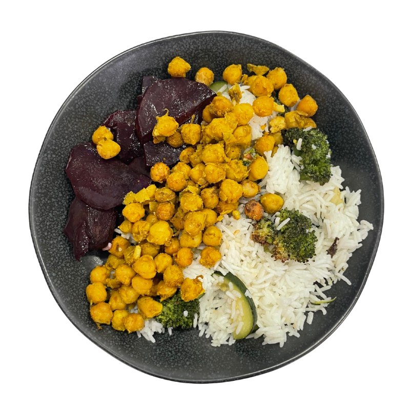 Garbanzos al horno y especiados con verduras y arroz basmati
