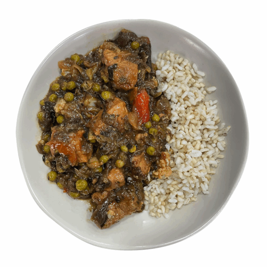 Ragout de cerdo con verduras y arroz integral