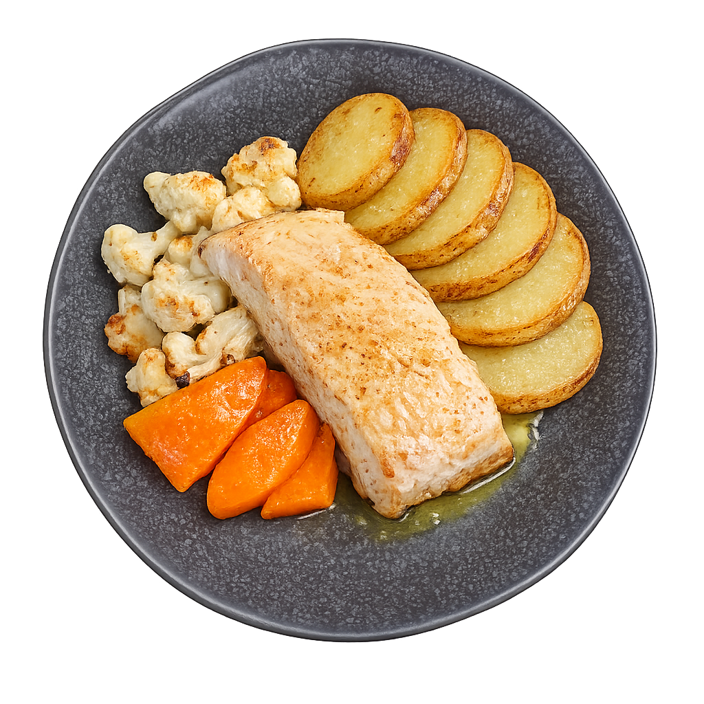 Lomo de merluza asada con verduras y patatas