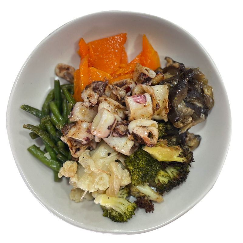Calamar plancha con verduras asadas