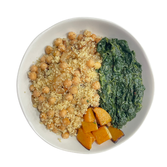 Garbanzos al horno con cuscús y espinacas