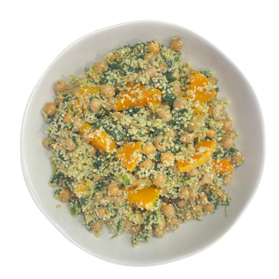 Garbanzos al horno con cuscús y espinacas