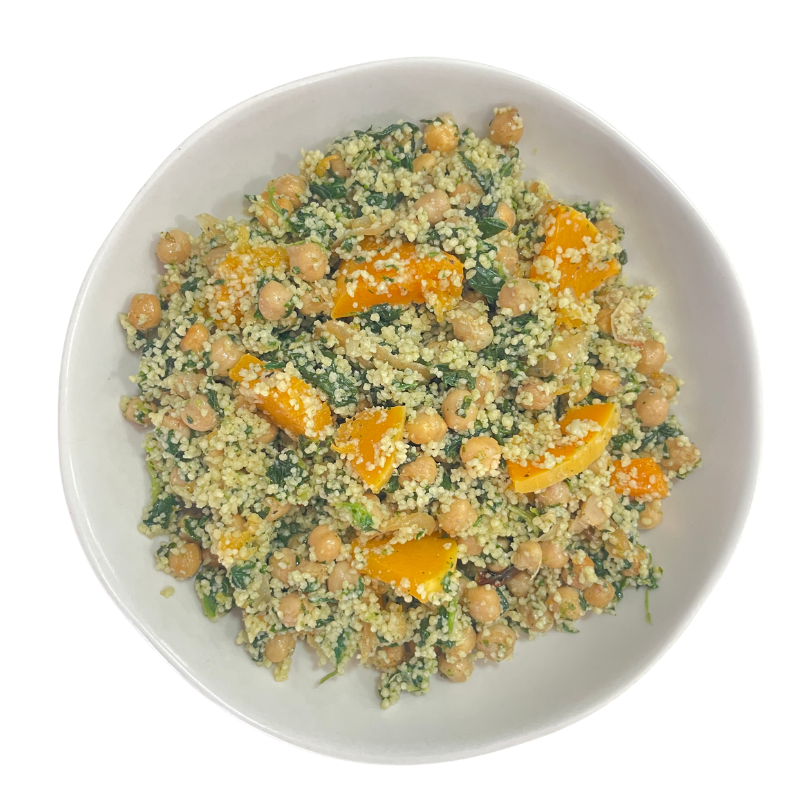 Garbanzos al horno con cuscús y espinacas